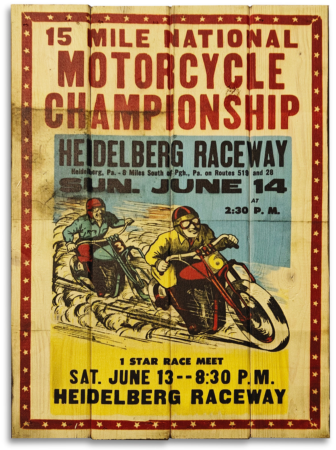 Gammel plakat fra Heidelberg omkring et motorcykel løb, lavet på plankeboard incl. ophæng.
Motivet fås i 3 størrelser.