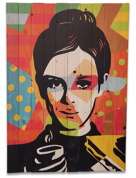 Farverig kaffe motiv i POP-art lavet på plankeboard, fås i flere størrelser.