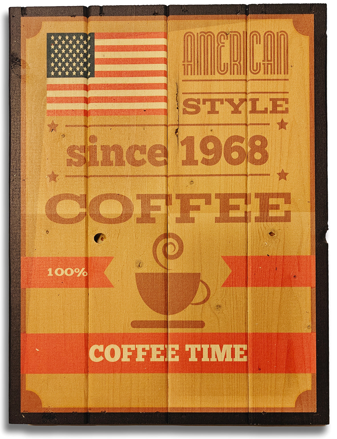 American Style Coffee i 60'er look, lavet på plankeboard incl. ophæng.
Motivet fås i 3 størrelser.