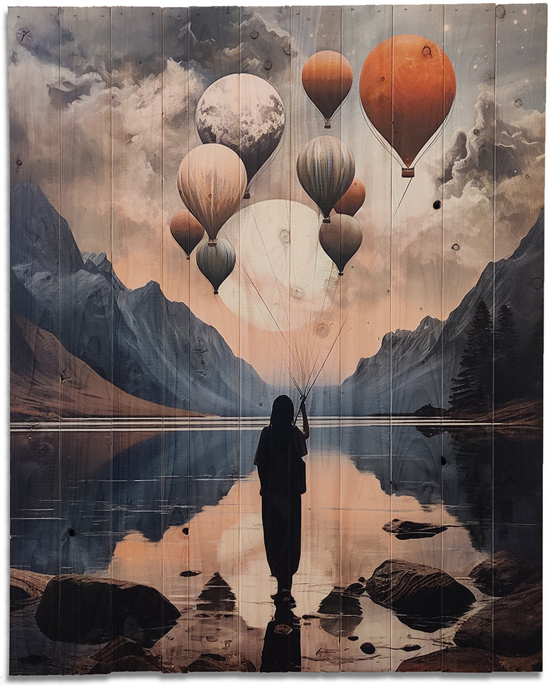 Pige med luftballoner lavet på plankeboard, fås i flere størrelser.