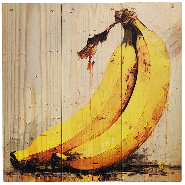 Bananer i 3-planke serien: 3-for-2-rabatten aktiveres automatisk i indkøbskurven, hver gang du vælger 3 motiver. Plankeboardet måler ca. 30x30x4 cm og kan variere lidt i størrelsen afhængigt af vores plankers dimensioner.