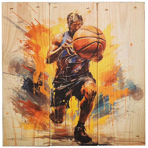 Basketballspiller i 3-planke serien: 3-for-2-rabatten aktiveres automatisk i indkøbskurven, hver gang du vælger 3 motiver. Plankeboardet måler ca. 30x30x4 cm og kan variere lidt i størrelsen afhængigt af vores plankers dimensioner.