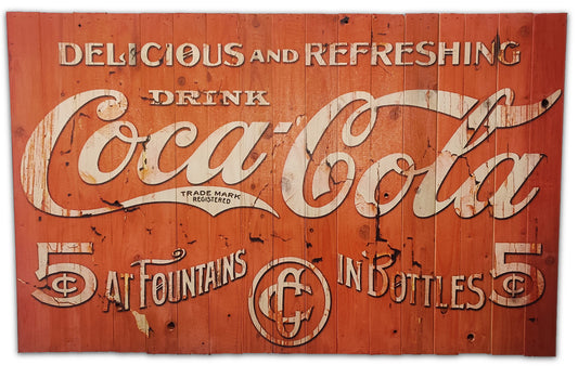 Farverig gammel coca-cola skilt lavet på plankeboard, fås i flere størrelser.