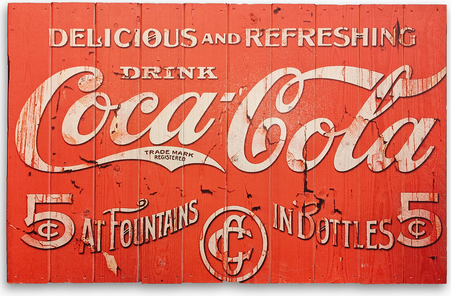Et gammelt Coca-Cola motiv fra USA (omkring 1920) lavet på plankeboard inkl. ophæng. Fås i flere størrelser.