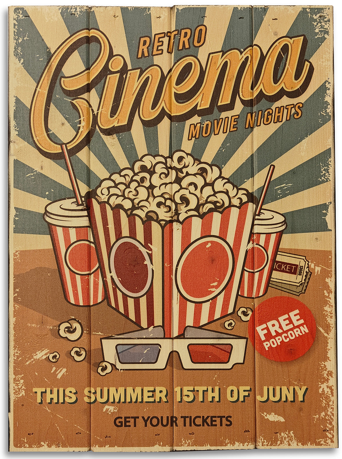 Retro Cinema lavet på plankeboard incl. ophæng.
Motivet fås i 3 størrelser.