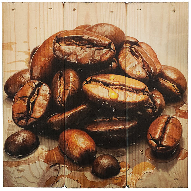 Kaffebønner1 i 3-planke serien: 3-for-2-rabatten aktiveres automatisk i indkøbskurven, hver gang du vælger 3 motiver. Plankeboardet måler ca. 30x30x4 cm og kan variere lidt i størrelsen afhængigt af vores plankers dimensioner.