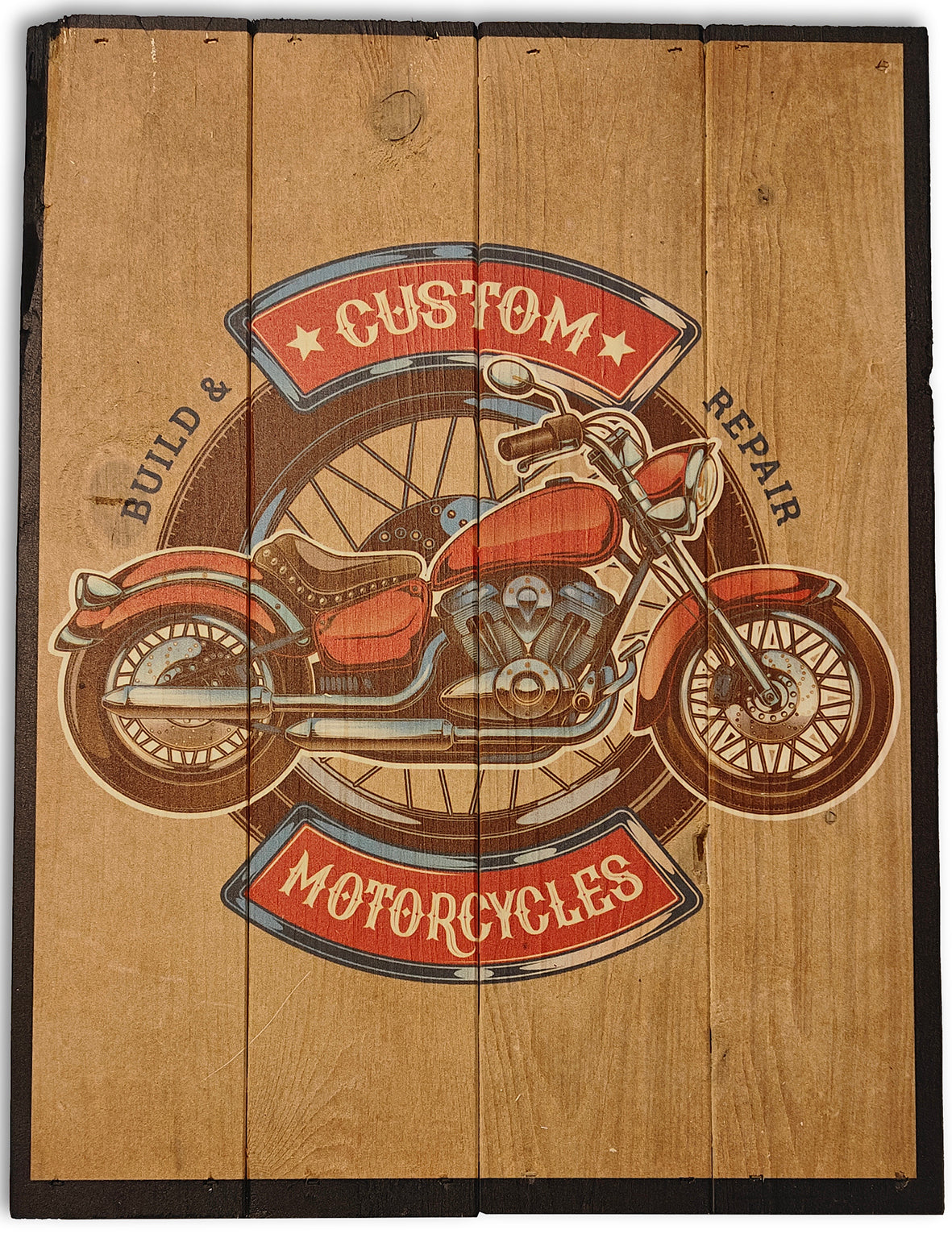 Custom Motorcycles retro skilt lavet på plankeboard incl. ophæng. 