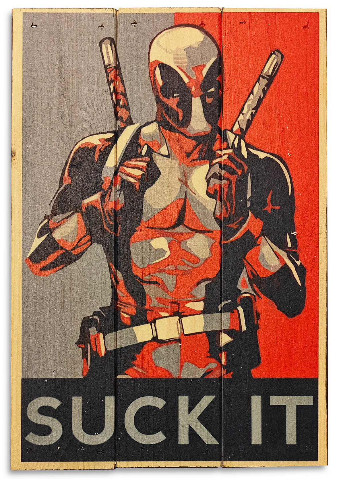 WallZoo's version af Deadpoll lavet på plankeboard incl. ophæng. 