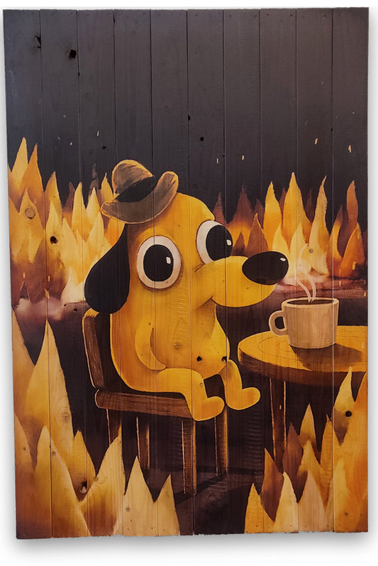 Farverig "it is fine" hund på plankeboard i flere størrelser