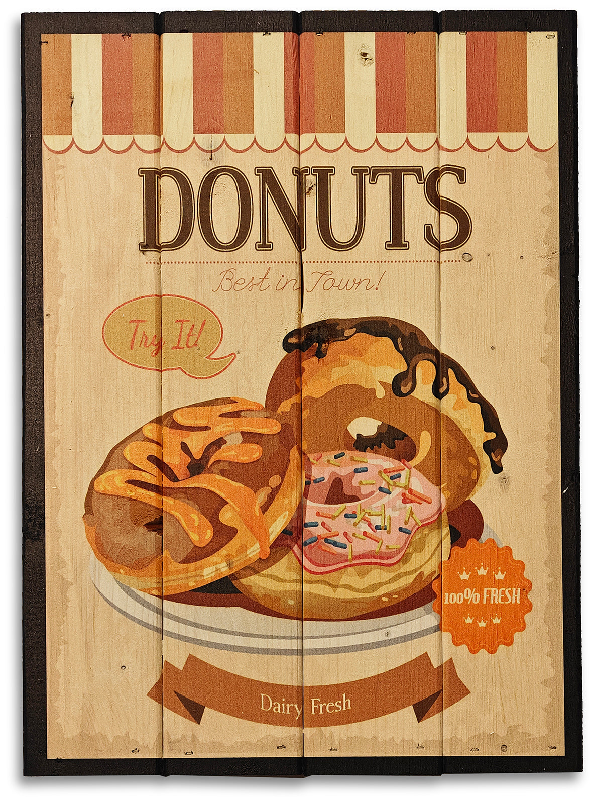 Donuts er i en serie af 2 stk. (Breakfast) lavet på plankeboard incl. ophæng. 