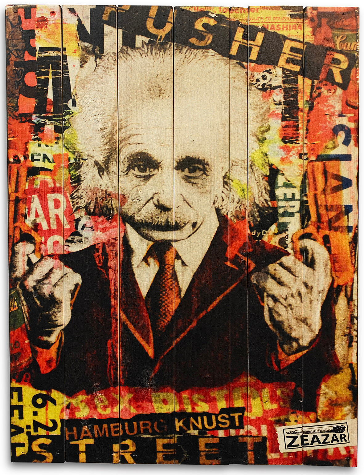 Einstein Pusher af ZEAZAR (alias Alf Pedersen) produceret på plankeboard i størrelsen 60x80 cm.
Dette plankeboard bliver kun produceret i et oplag på 30 stk. i alt.