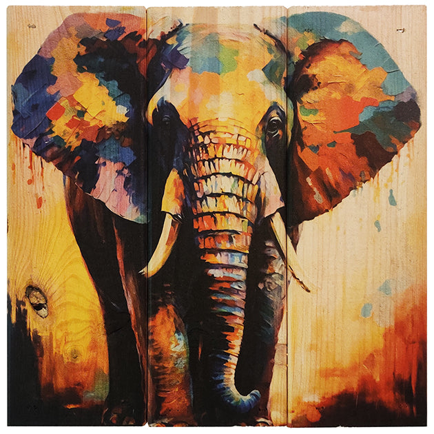 Elefant i 3-planke serien: 3-for-2-rabatten aktiveres automatisk i indkøbskurven, hver gang du vælger 3 motiver. Plankeboardet måler ca. 30x30x4 cm og kan variere lidt i størrelsen afhængigt af vores plankers dimensioner.