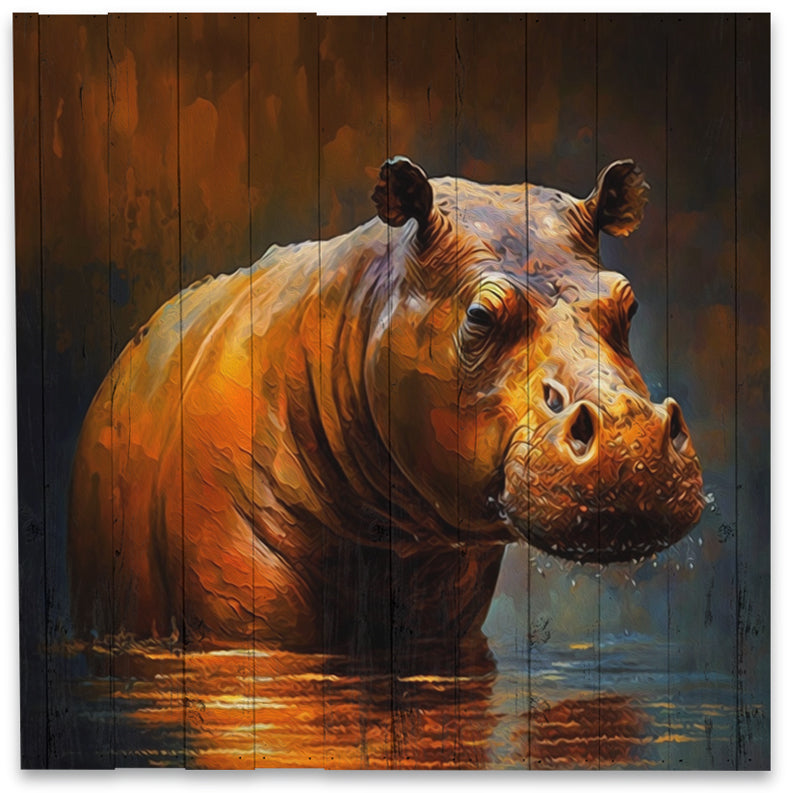 Farverig flodhest lavet på plankeboard, fås i flere størrelser.