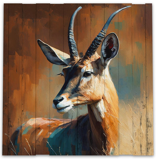Farverig gazelle lavet på plankeboard, fås i flere størrelser.