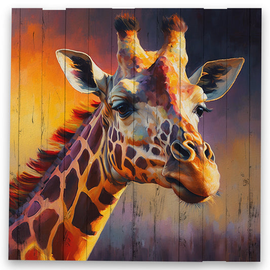 Farverig giraf lavet på plankeboard, fås i flere størrelser.