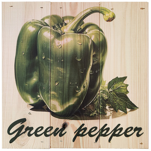 Grøn peber i 3-planke serien: 3-for-2-rabatten aktiveres automatisk i indkøbskurven, hver gang du vælger 3 motiver. Plankeboardet måler ca. 30x30x4 cm og kan variere lidt i størrelsen afhængigt af vores plankers dimensioner.