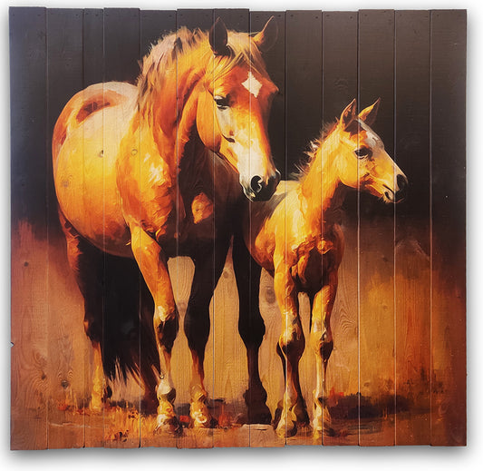 Farverig hest med føl lavet på plankeboard, fås i flere størrelser.
