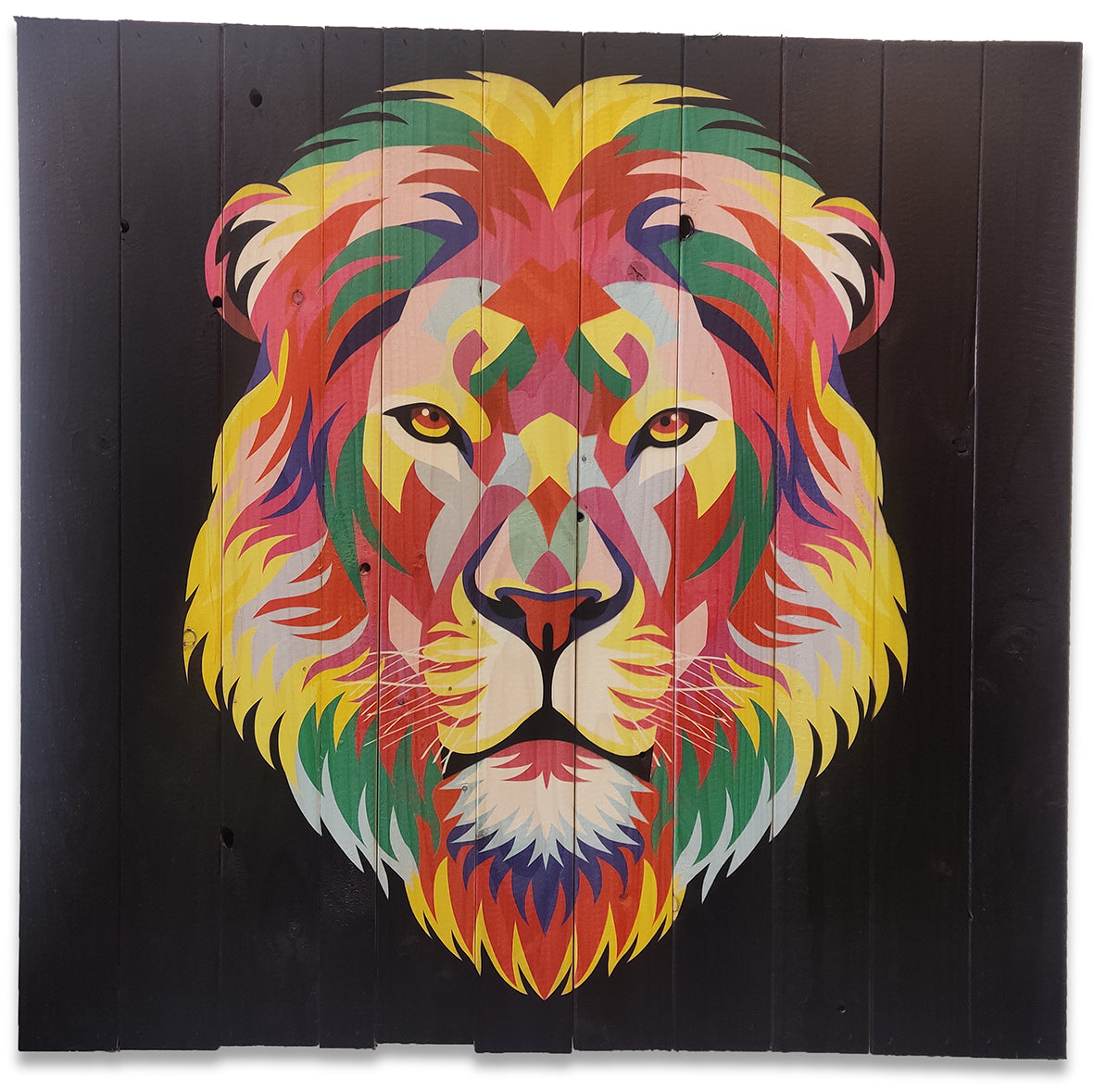Farverig POP-art løve v2 lavet på plankeboard, fås i flere størrelser.