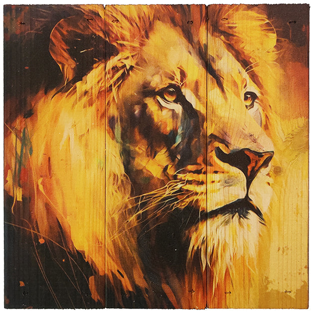 Løve i 3-planke serien: 3-for-2-rabatten aktiveres automatisk i indkøbskurven, hver gang du vælger 3 motiver. Plankeboardet måler ca. 30x30x4 cm og kan variere lidt i størrelsen afhængigt af vores plankers dimensioner.