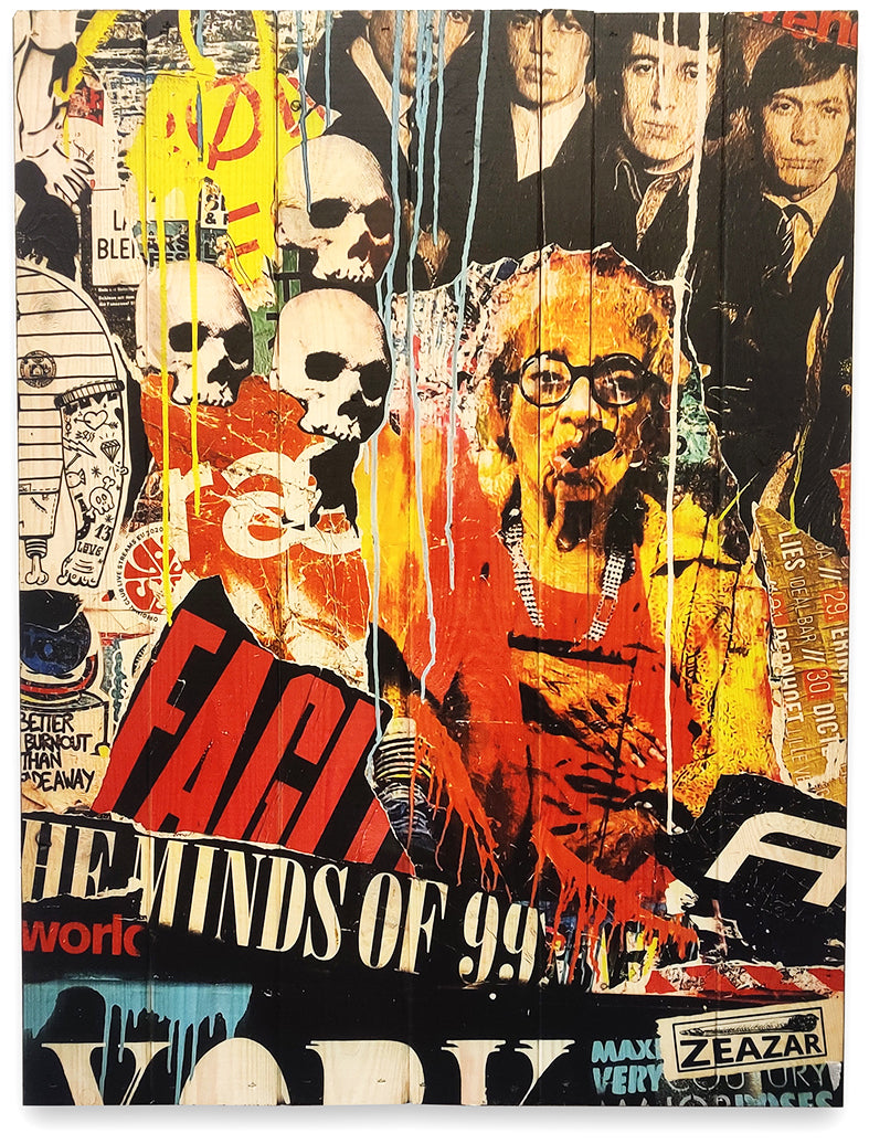 Minds Of 99 af ZEAZAR alias Alf P produceret på plankeboard af WallZoo i 60x80 cm.