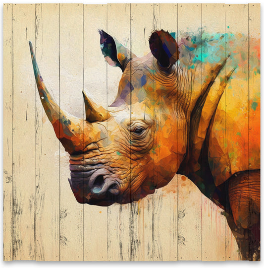 Farverig næsehorn lavet på plankeboard, fås i flere størrelser.