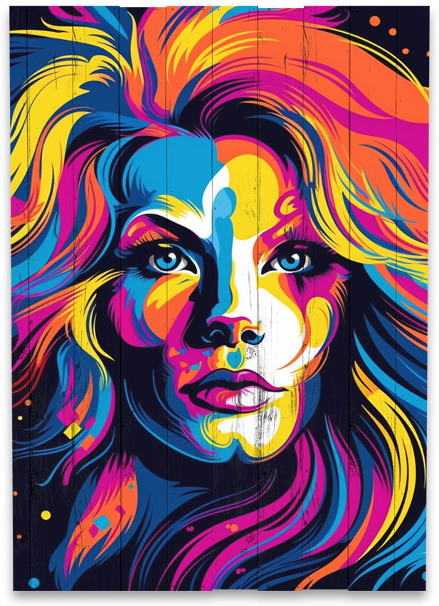 Farverig POP-art pige v3 lavet på plankeboard, fås i flere størrelser.