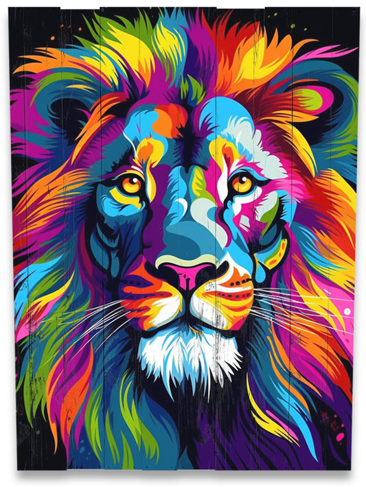 Farverig POP-art løve v1 lavet på plankeboard, fås i flere størrelser.