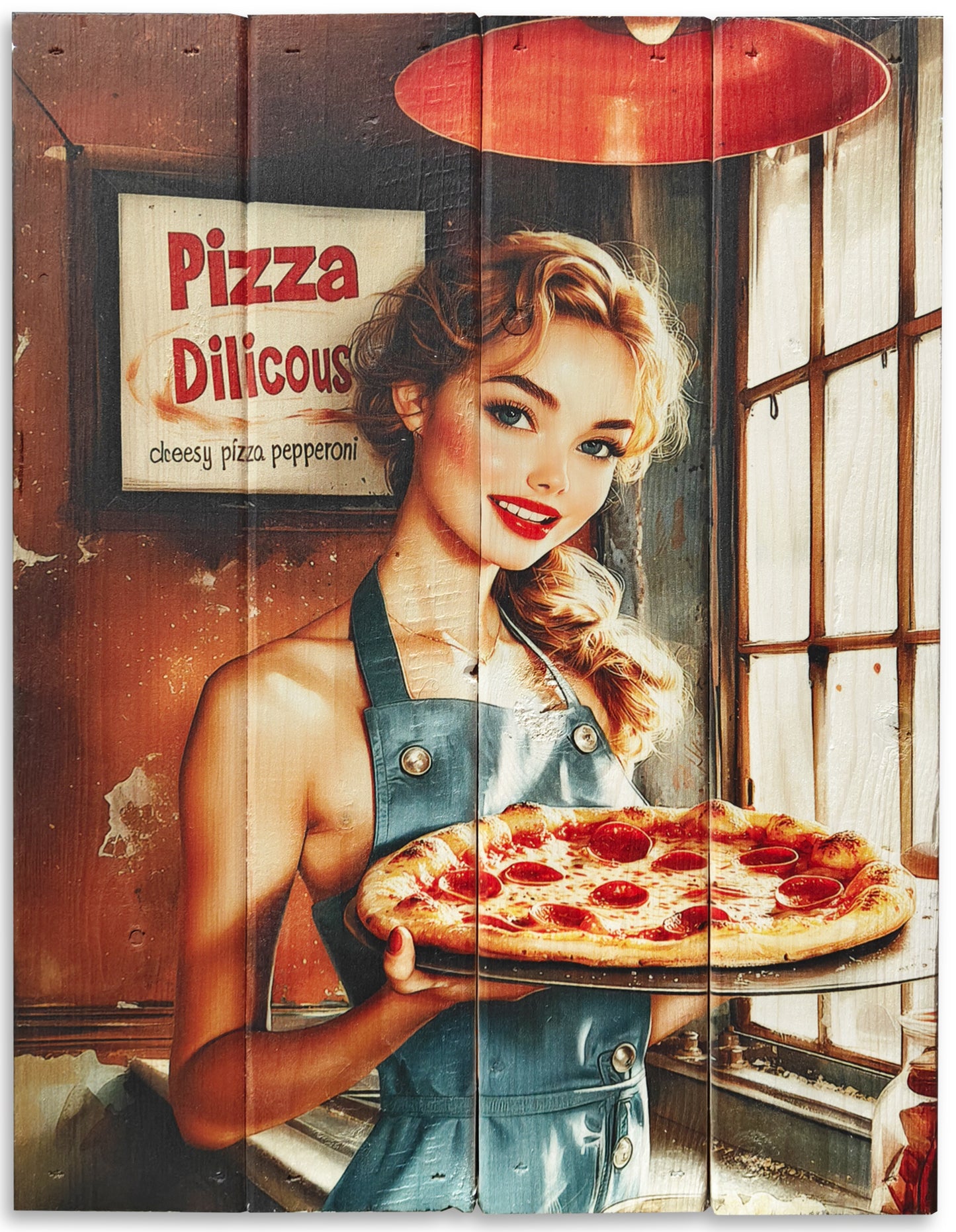 Pepperoni pizza med pige lavet på plankeboard incl. ophæng.