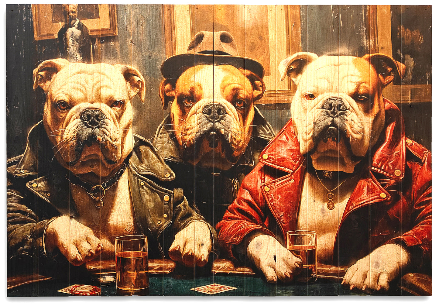 Wallzoo's fortolkning af hunde der spiller poker lavet på Plankeboard incl. ophæng.