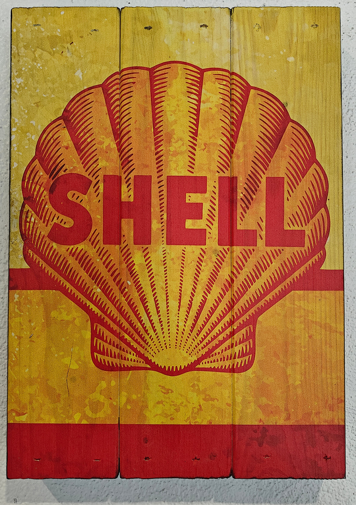 Gammelt Shell logo på plankeboard incl. ophæng, motivet fås i 3 størrelser.