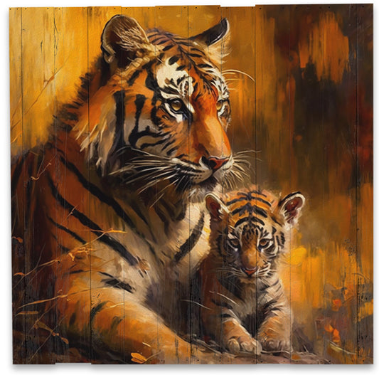 Farverig tiger med unge lavet på plankeboard, fås i flere størrelser.