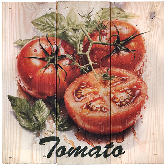 Tomater i 3-planke serien: 3-for-2-rabatten aktiveres automatisk i indkøbskurven, hver gang du vælger 3 motiver.  Plankeboardet måler ca. 30x30x4 cm og kan variere lidt i størrelsen afhængigt af vores plankers dimensioner.