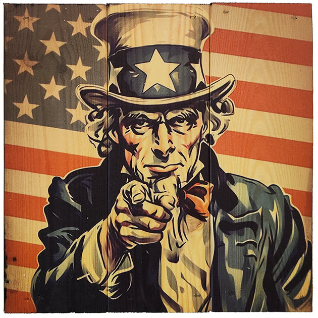 Uncle Sam i 3-planke serien: 3-for-2-rabatten aktiveres automatisk i indkøbskurven, hver gang du vælger 3 motiver. Plankeboardet måler ca. 30x30x4 cm og kan variere lidt i størrelsen afhængigt af vores plankers dimensioner.