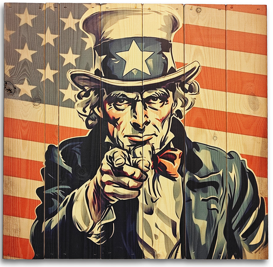 Amerikansk militær propaganda (Uncle Sam) fra 1917 på Plankeboard inkl. ophæng. Fås i flere størrelser