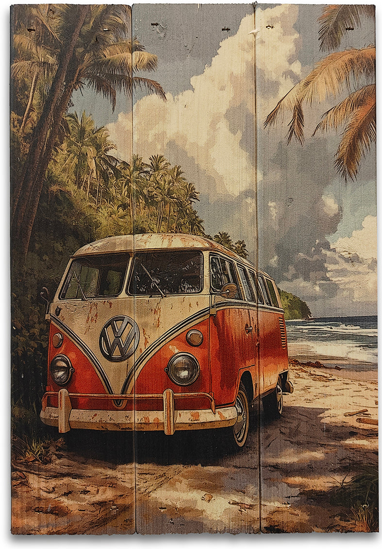 VW T1 på palmestrand i gammel stil, lavet på plankeboard inkl. ophæng. Fås i flere størrelser.
