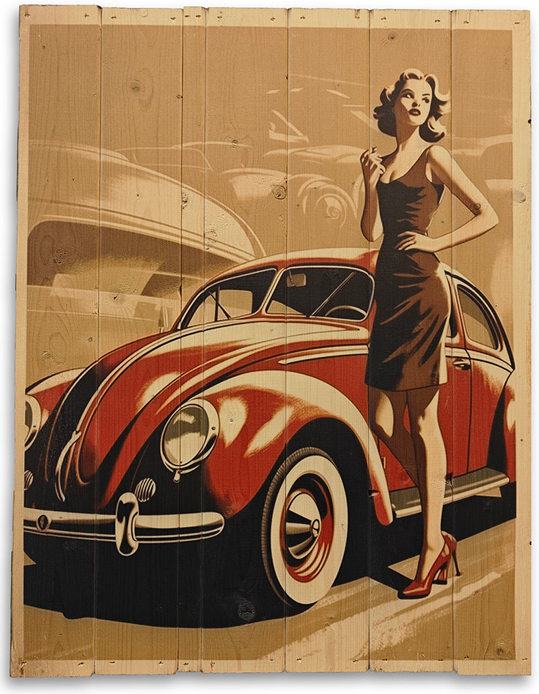 Gammel reklamestil fra 1940erne af en VW boble, lavet på plankeboard inkl. ophæng. Fås i flere størrelser.