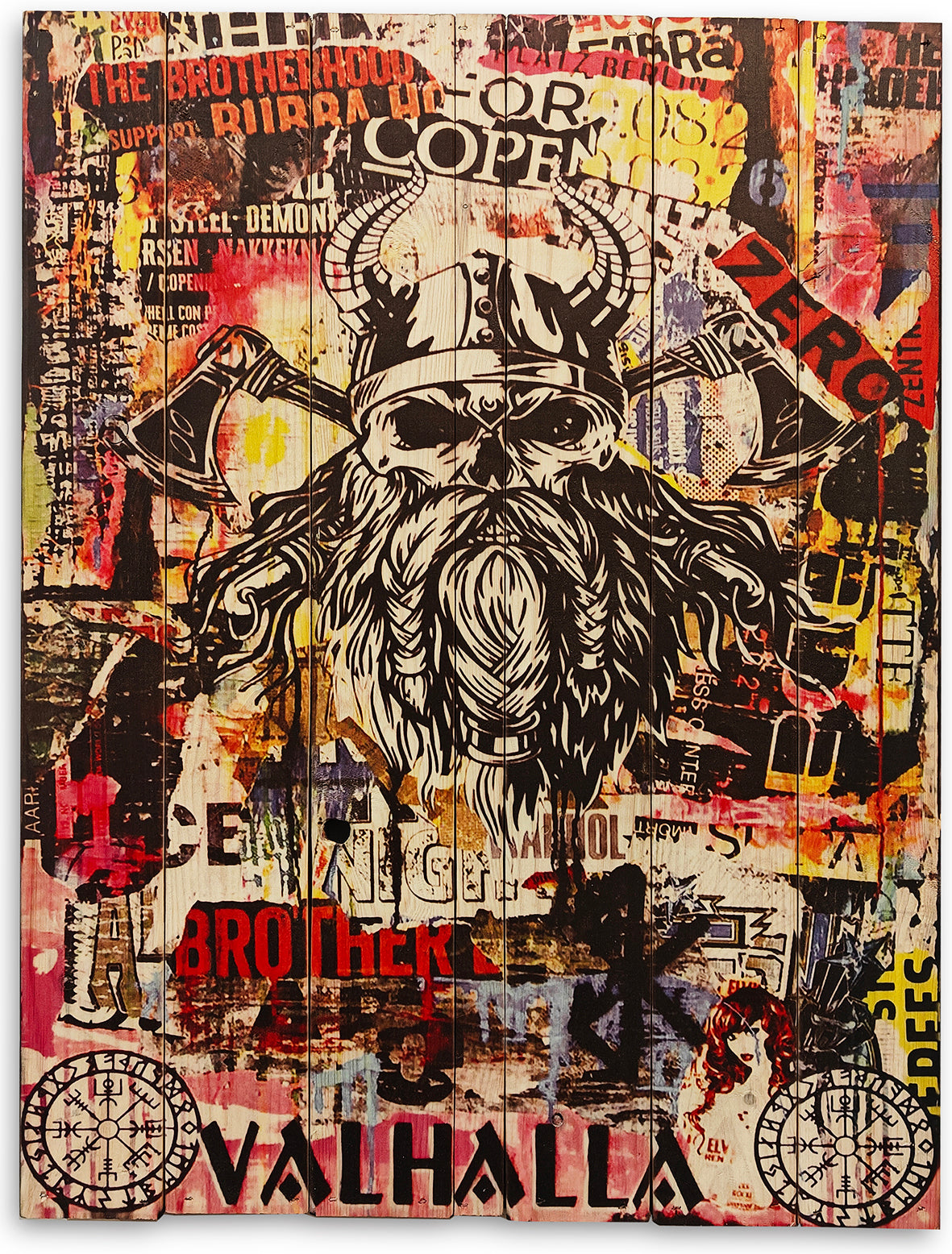 Valhalla - motivet er et udsnit af et originalt værk fra Alf Pedersen.
WallZoo laver KUN dette ene motiv på plankeboard og det er signeret af Alf P på bagsiden