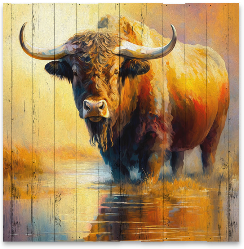 Farverig vandbøffel lavet på plankeboard, fås i flere størrelser.