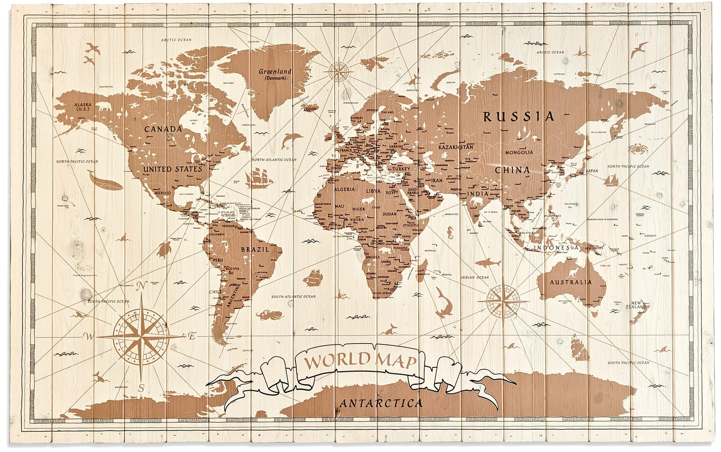 Stort verdenskort i minimalistiske lyse farver lavet på plankeboard inkl. ophæng. Fås i flere størrelser.