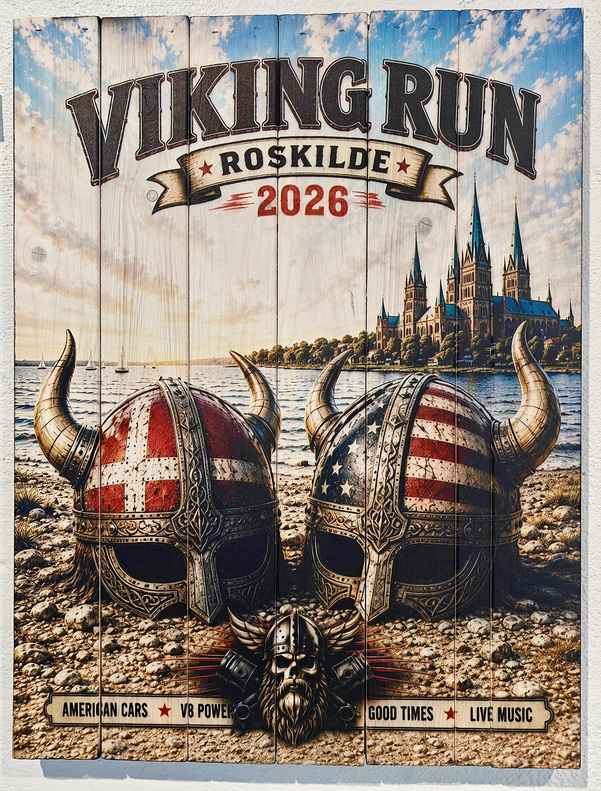 WallZoo-motivet “Viking Run V3” på plankeboard, produceret i forbindelse med Viking Run i Roskilde 2026.