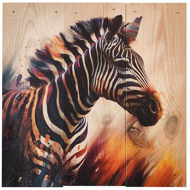 Zebra i 3-planke serien: 3-for-2-rabatten aktiveres automatisk i indkøbskurven, hver gang du vælger 3 motiver. Plankeboardet måler ca. 30x30x4 cm og kan variere lidt i størrelsen afhængigt af vores plankers dimensioner.