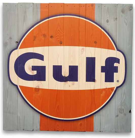 Farverig Gulf logo lavet på plankeboard af WallZoo, fås i flere størrelser.