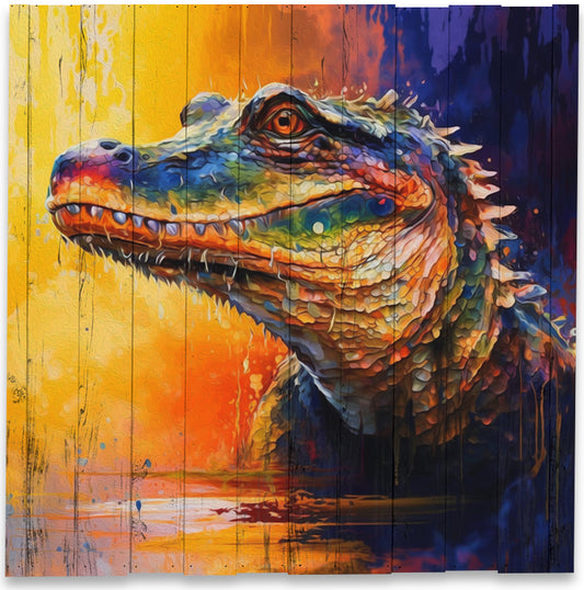 Farverig krokodille lavet på plankeboard, fås i flere størrelser.