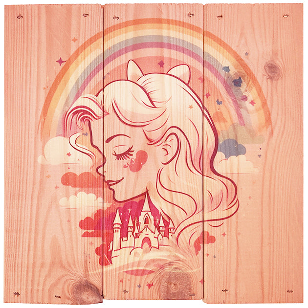 Regnbue pige i 3-planke serien: 3-for-2-rabatten aktiveres automatisk i indkøbskurven, hver gang du vælger 3 motiver. Plankeboardet måler ca. 30x30x4 cm og kan variere lidt i størrelsen afhængigt af vores plankers dimensioner.