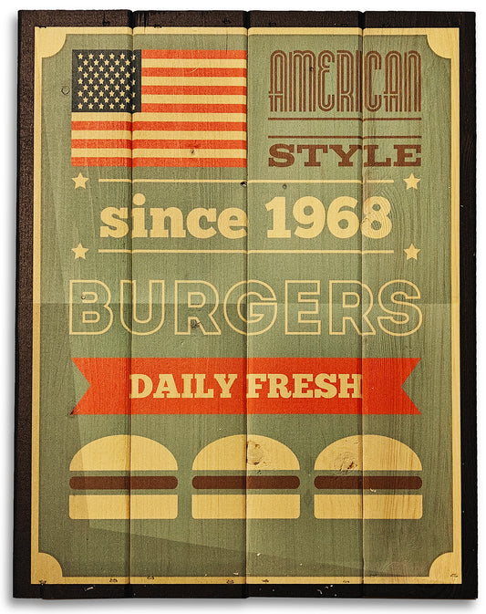 American Style Burgers i 60'er look, lavet på plankeboard incl. ophæng.&nbsp;
Motivet fås i 3 størrelser.