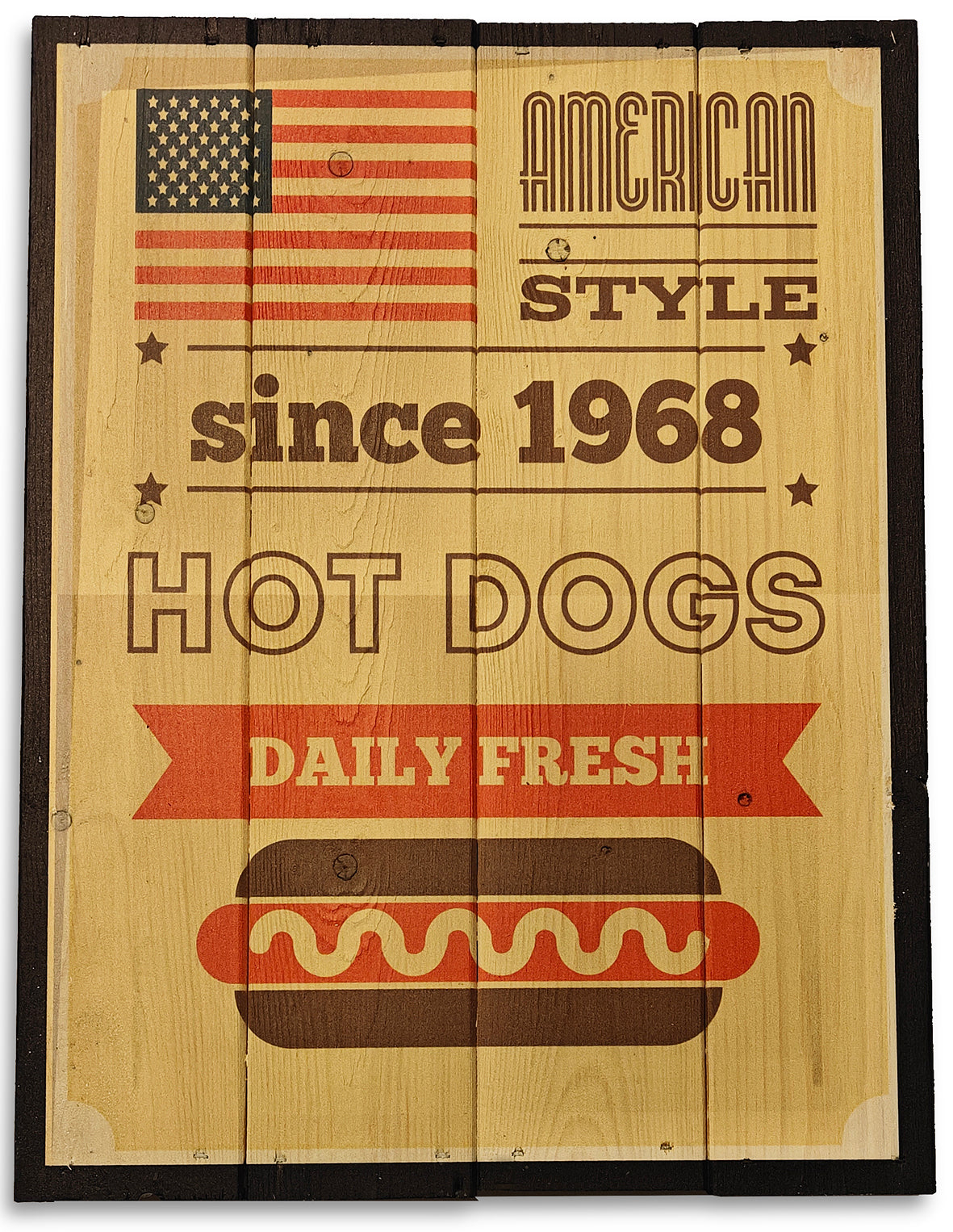 American Style Hot Dogs i 60'er look, lavet på plankeboard incl. ophæng.&nbsp;
Motivet fås i 3 størrelser.