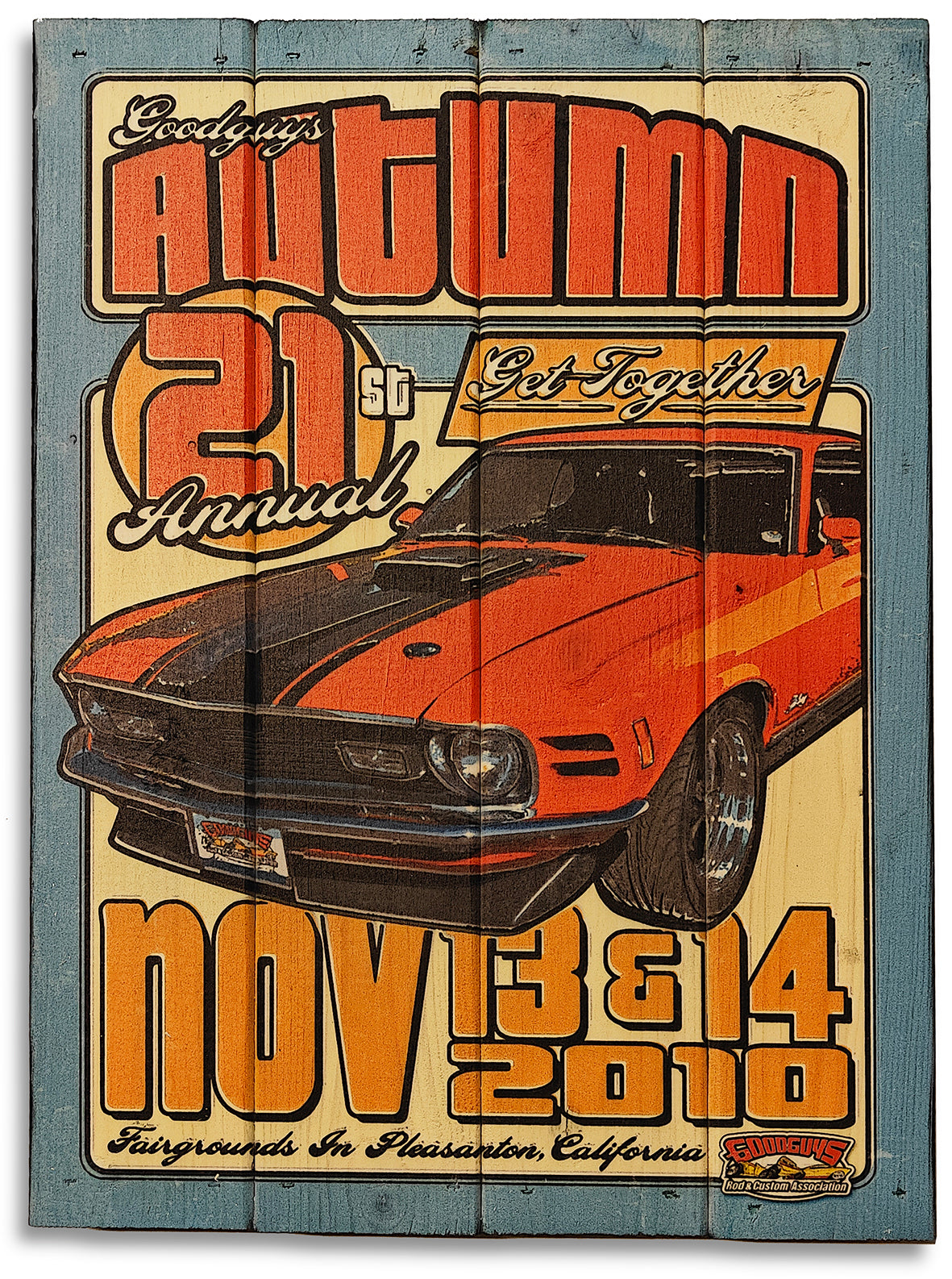 Autumn Goodguys træf plakat lavet på plankeboard incl. ophæng.&nbsp;
Motivet fås i 3 størrelser.