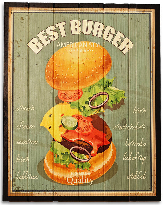 Best Burger retro motiv lavet på plankeboard incl. ophæng.&nbsp;
Motivet fås i 3 størrelser.