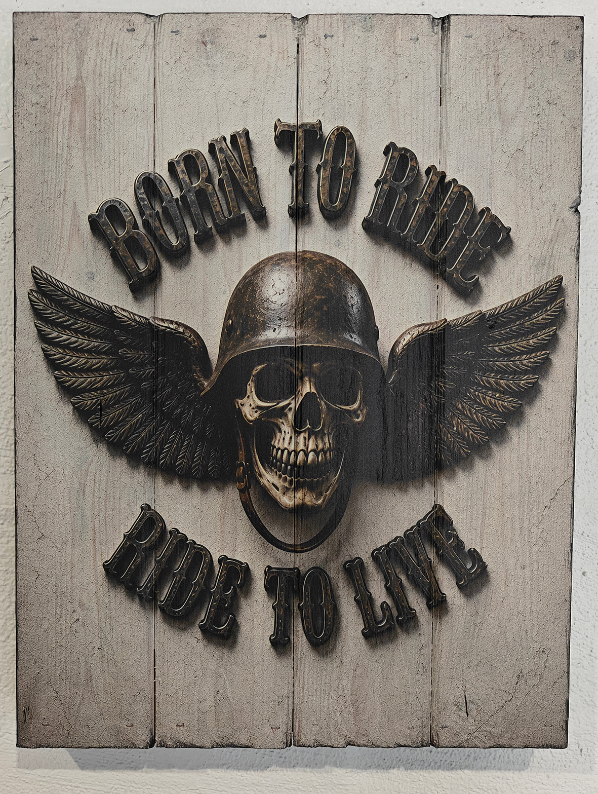 WallZoo-motivet “Born To Ride – Ride To Live” på plankeboard, produceret i forbindelse med Super Rally 2026 i Fredericia.