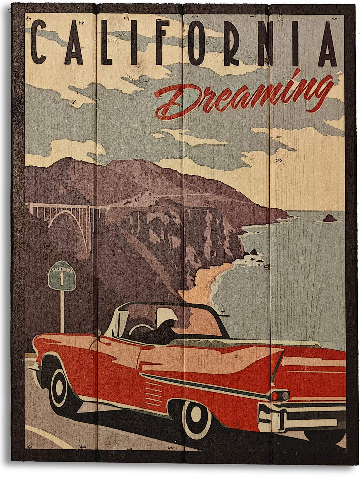 "California Dreaming" er en gammel reklame plakat lavet på plankeboard incl. ophæng.&nbsp;
Motivet fås i 3 størrelser.